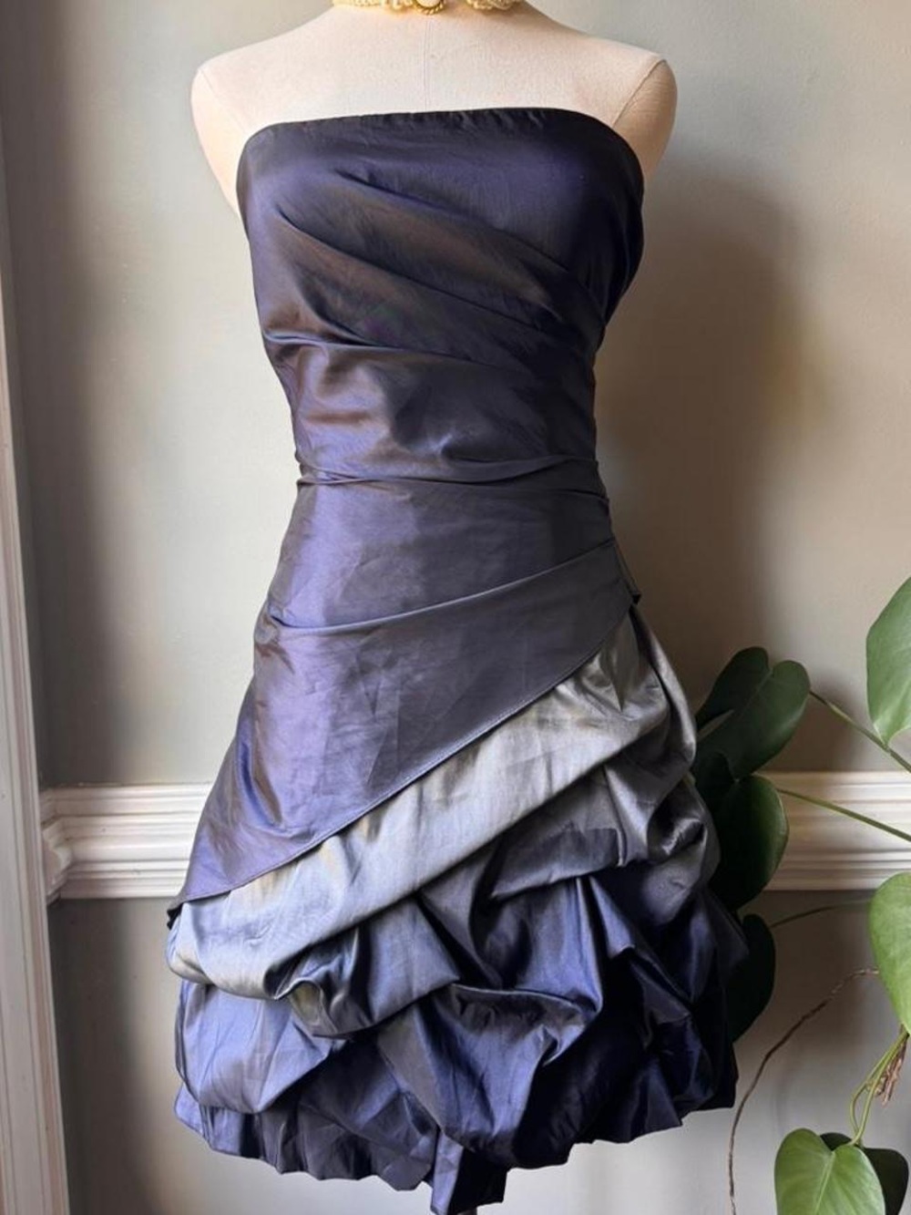 Strapless Iridescent Navy Maxi Dress with Tulip Hem
